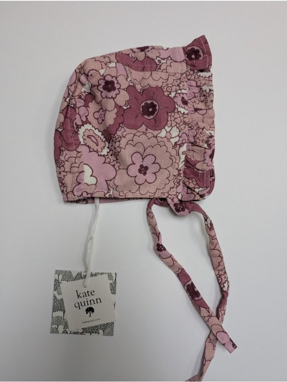 Kate Quinn Organic Cotton Gauze 3-6 Ruffle Bonnet Mauve Mid-Century Floral Hat